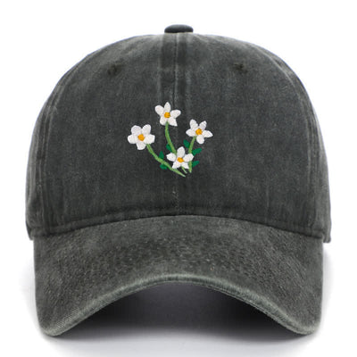 White Flowers Embroidery Floral Adjustable Baseball Cap