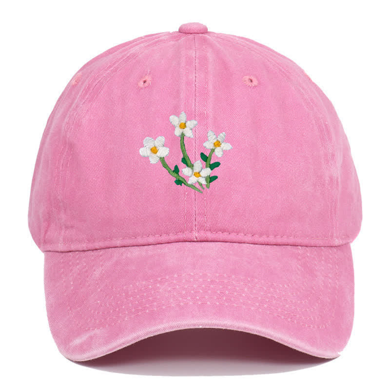 White Flowers Embroidery Floral Adjustable Baseball Cap