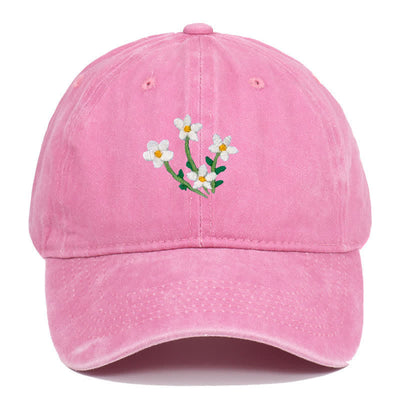 White Flowers Embroidery Floral Adjustable Baseball Cap