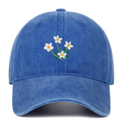 White Flowers Embroidery Floral Adjustable Baseball Cap