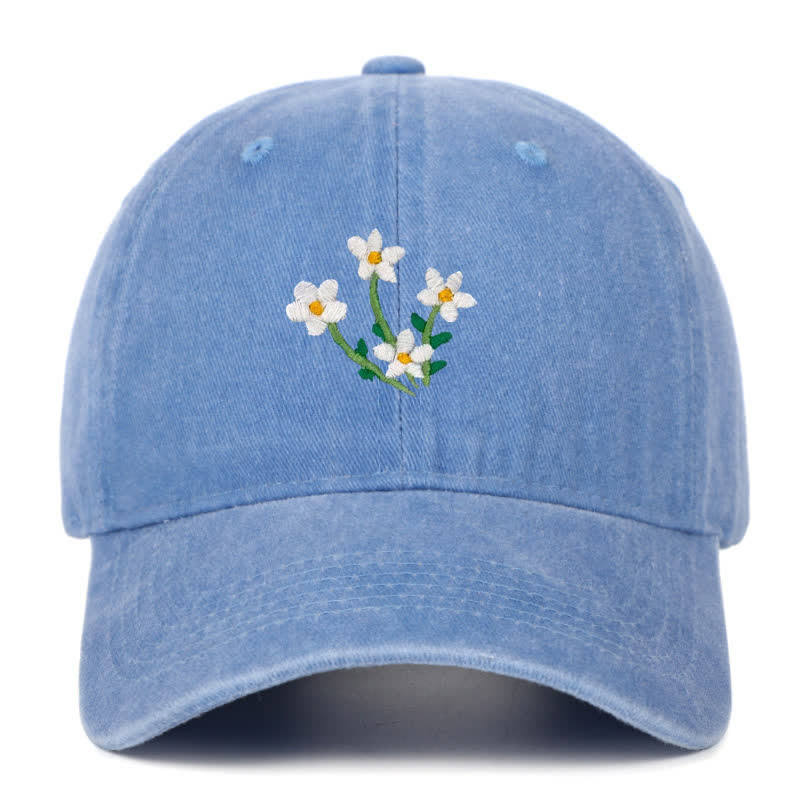 White Flowers Embroidery Floral Adjustable Baseball Cap