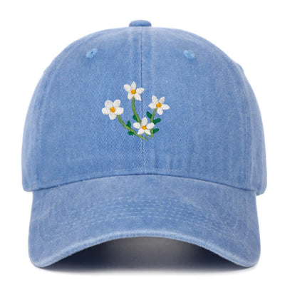 White Flowers Embroidery Floral Adjustable Baseball Cap