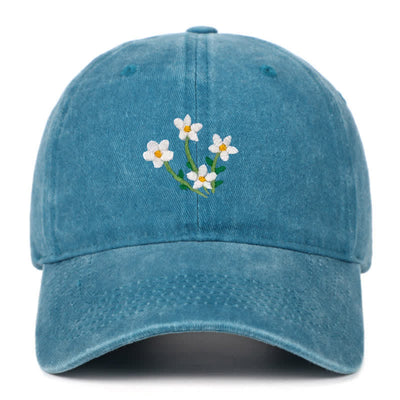 White Flowers Embroidery Floral Adjustable Baseball Cap