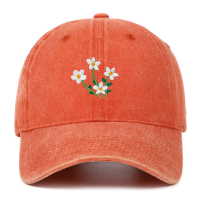 White Flowers Embroidery Floral Adjustable Baseball Cap