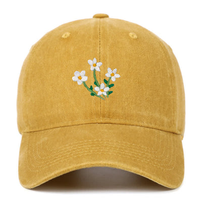 White Flowers Embroidery Floral Adjustable Baseball Cap