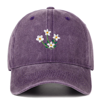 White Flowers Embroidery Floral Adjustable Baseball Cap