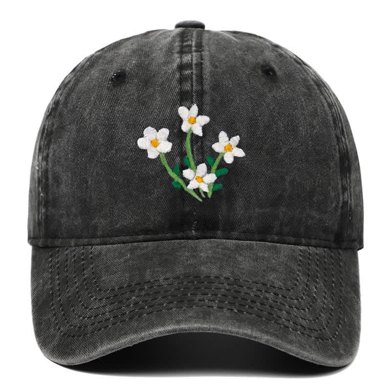White Flowers Embroidery Floral Adjustable Baseball Cap