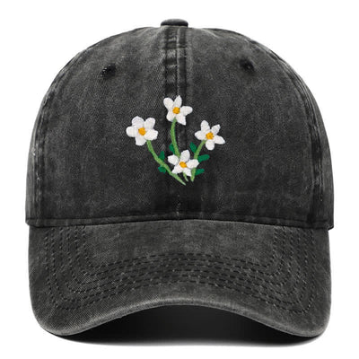 White Flowers Embroidery Floral Adjustable Baseball Cap