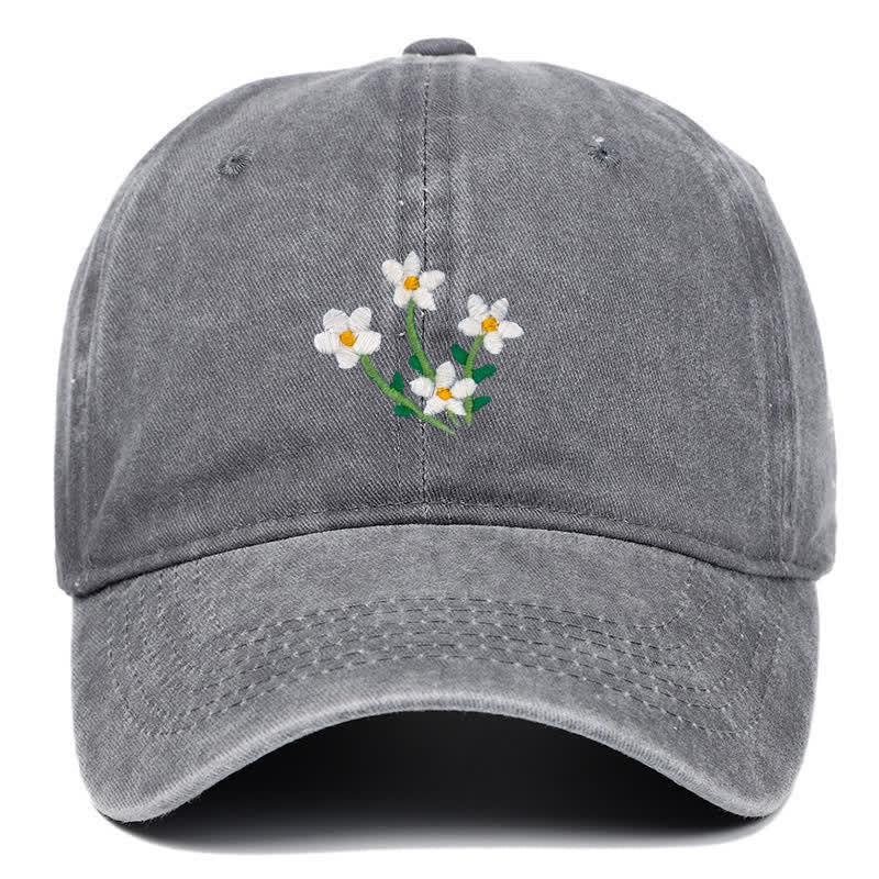 White Flowers Embroidery Floral Adjustable Baseball Cap