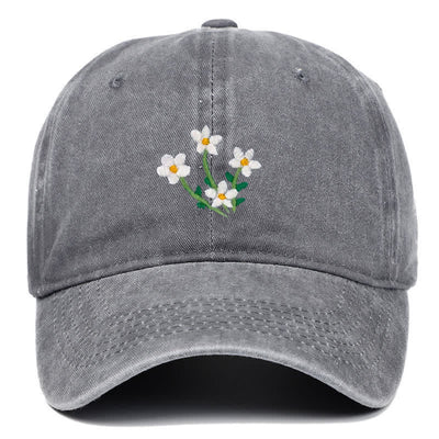 White Flowers Embroidery Floral Adjustable Baseball Cap