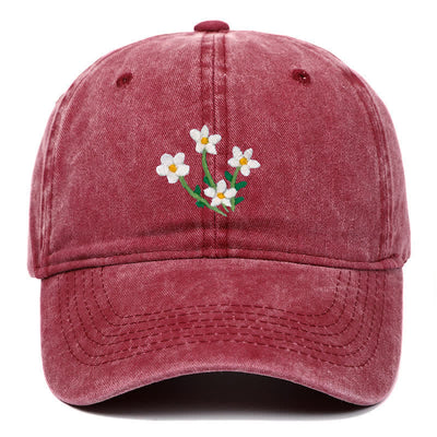 White Flowers Embroidery Floral Adjustable Baseball Cap