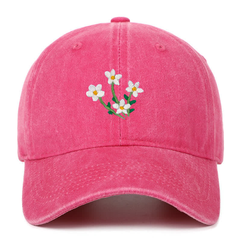 White Flowers Embroidery Floral Adjustable Baseball Cap