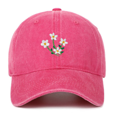 White Flowers Embroidery Floral Adjustable Baseball Cap