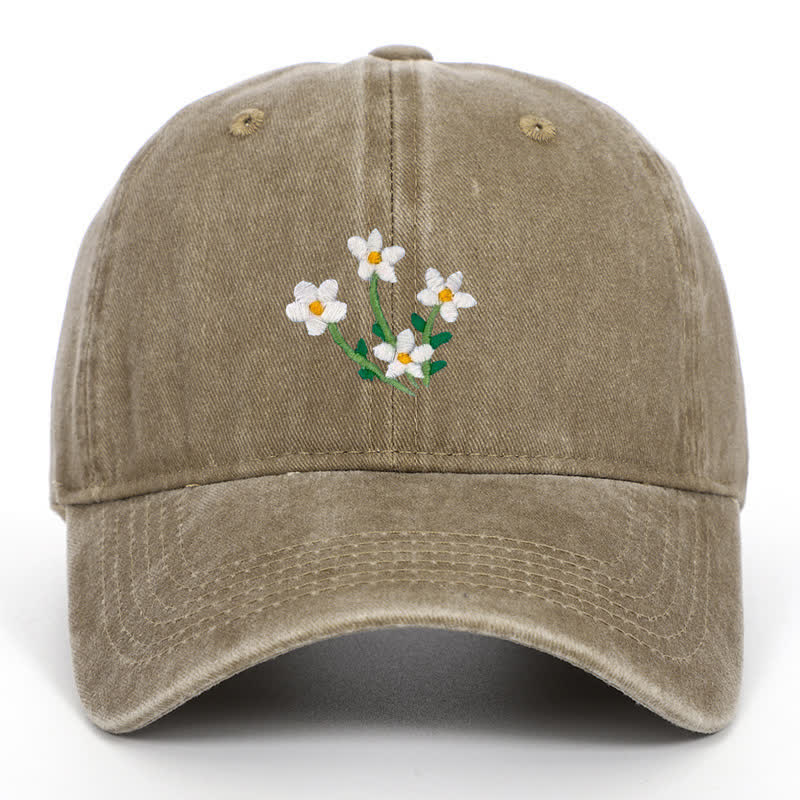 White Flowers Embroidery Floral Adjustable Baseball Cap