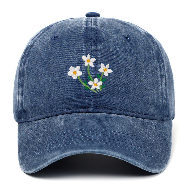 White Flowers Embroidery Floral Adjustable Baseball Cap