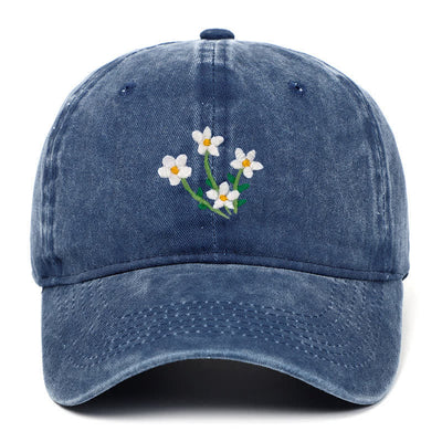 White Flowers Embroidery Floral Adjustable Baseball Cap