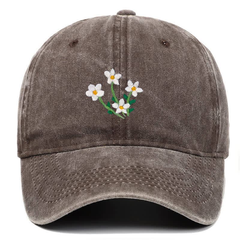 White Flowers Embroidery Floral Adjustable Baseball Cap