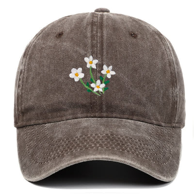 White Flowers Embroidery Floral Adjustable Baseball Cap