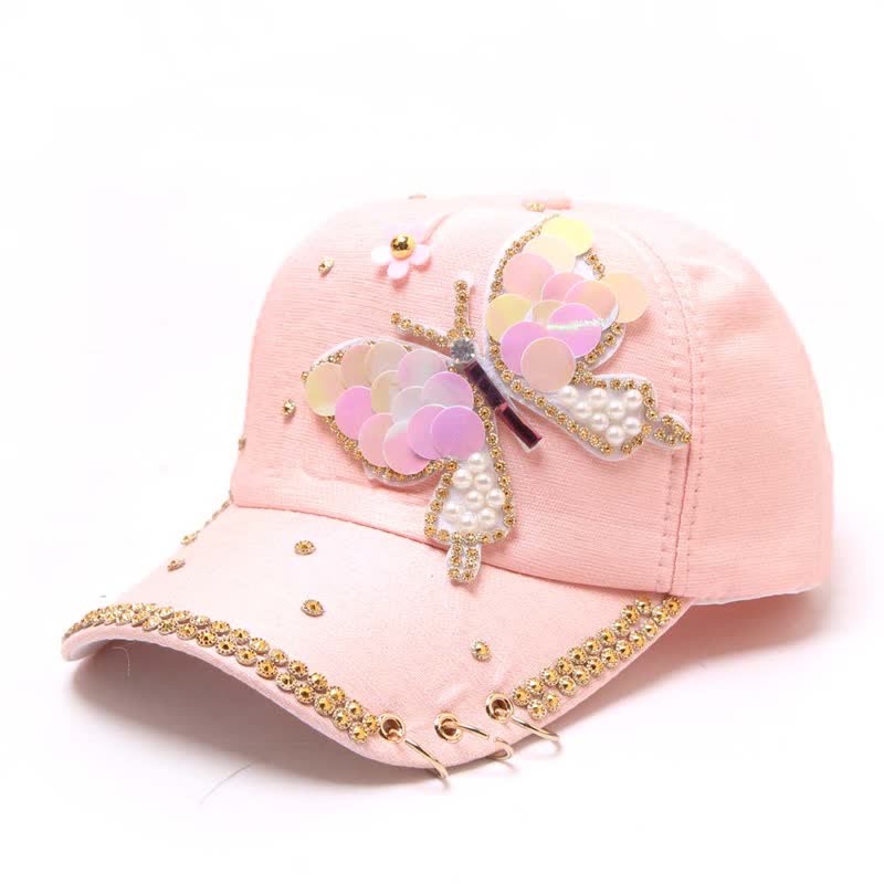 Pink Bling Sequin Butterfly Adjustable Baseball Cap