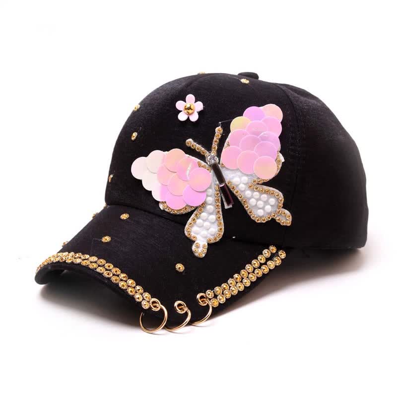 Pink Bling Sequin Butterfly Adjustable Baseball Cap