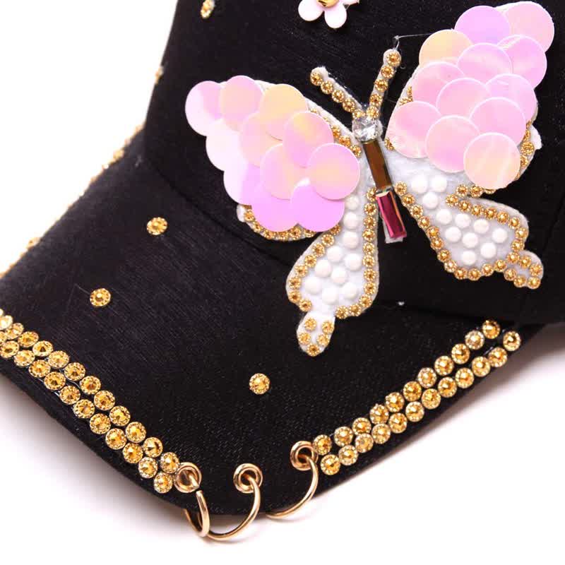 Pink Bling Sequin Butterfly Adjustable Baseball Cap