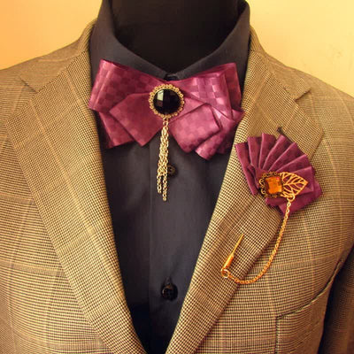 2Pcs Ribbon Checked Pattern Pin Bow Tie Set - Purple - image 6