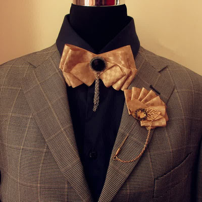 2Pcs Ribbon Checked Pattern Pin Bow Tie Set - Champagne - image 1