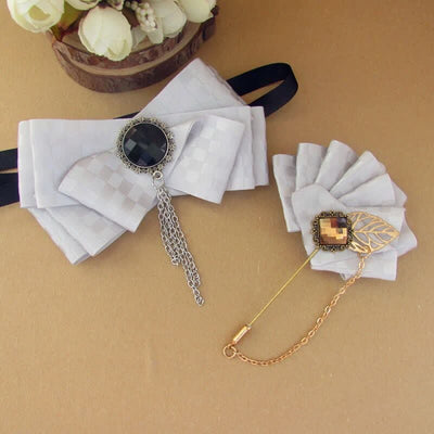 2Pcs Ribbon Checked Pattern Pin Bow Tie Set - Light Gray - image 7