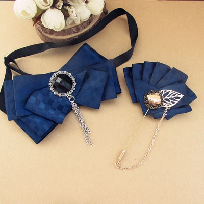 2Pcs Ribbon Checked Pattern Pin Bow Tie Set - Navy - image 5