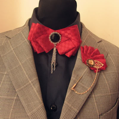 2Pcs Ribbon Checked Pattern Pin Bow Tie Set - image 4