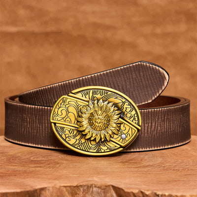 Men's DIY Bronze Sunflower Hidden Folding Knife Leather Belt - Sunflower - Brown Distressed Belt - 42 - image 9