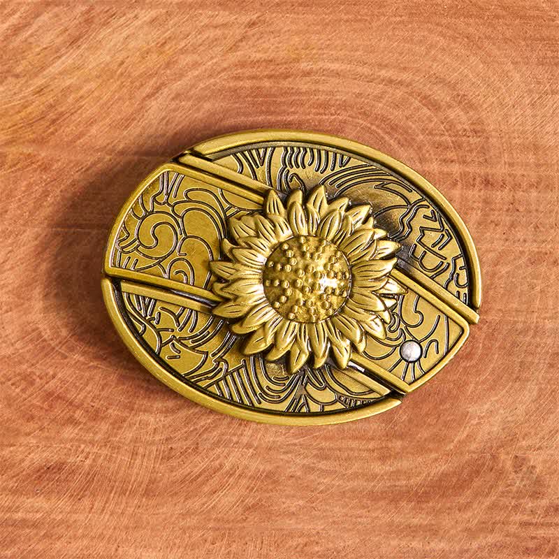 Men's DIY Bronze Sunflower Hidden Folding Knife Leather Belt - image 4