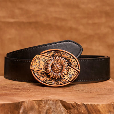 Men's DIY Red Bronze Sunflower Hidden Folding Knife Leather Belt - Sunflower - Black PU Belt - 42 - image 5
