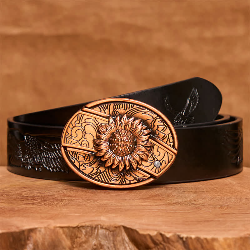 Men's DIY Red Bronze Sunflower Hidden Folding Knife Leather Belt - Sunflower - Black Embossed Eagle Belt - 42 - image 7