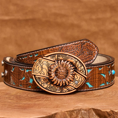 Men's DIY Red Bronze Sunflower Hidden Folding Knife Leather Belt - Sunflower - Turquoise Carved Belt - 42 - image 6
