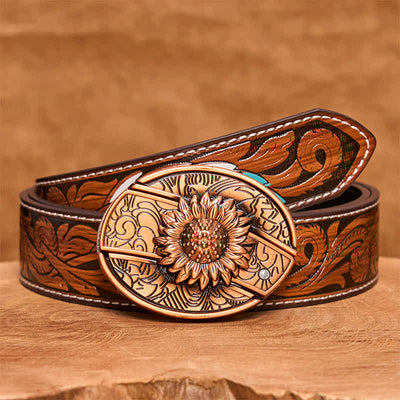 Men's DIY Red Bronze Sunflower Hidden Folding Knife Leather Belt - Sunflower - Brown Feather Belt - 40 - image 10