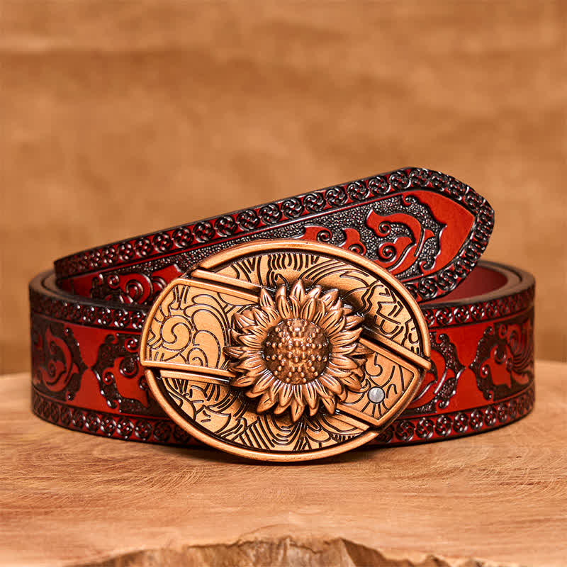Men's DIY Red Bronze Sunflower Hidden Folding Knife Leather Belt - Sunflower - Brown Carved Belt - 42 - image 8
