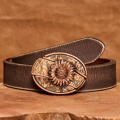 Men's DIY Red Bronze Sunflower Hidden Folding Knife Leather Belt - Sunflower - Brown Distressed Belt - 42 - image 9
