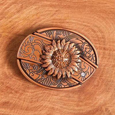 Men's DIY Red Bronze Sunflower Hidden Folding Knife Leather Belt - image 3