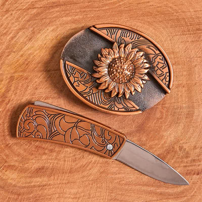Men's DIY Red Bronze Sunflower Hidden Folding Knife Leather Belt - image 2