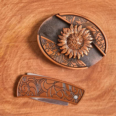 Men's DIY Red Bronze Sunflower Hidden Folding Knife Leather Belt - image 4