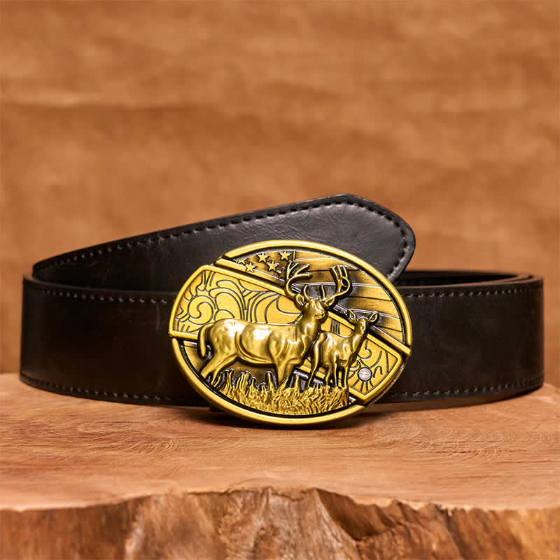 Men's DIY Bronze Dual Deers Hidden Folding Knife Leather Belt - Dual Deers - Black PU Belt - 42 - image 5