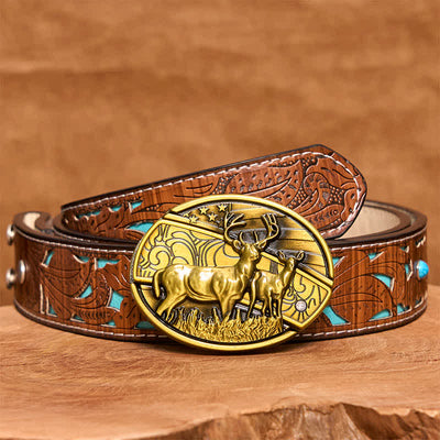 Men's DIY Bronze Dual Deers Hidden Folding Knife Leather Belt - Dual Deers - Turquoise Carved Belt - 42 - image 6