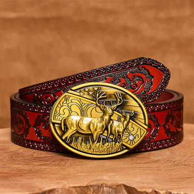 Men's DIY Bronze Dual Deers Hidden Folding Knife Leather Belt - Dual Deers - Brown Carved Belt - 42 - image 8