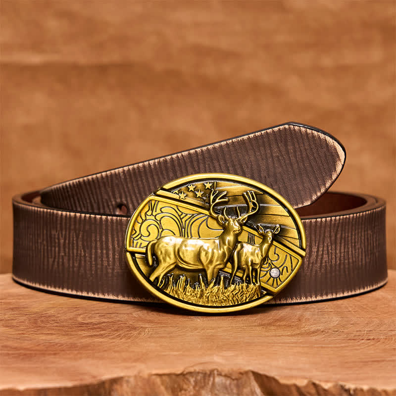 Men's DIY Bronze Dual Deers Hidden Folding Knife Leather Belt - Dual Deers - Brown Distressed Belt - 42 - image 9