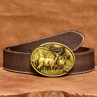 Men's DIY Bronze Dual Deers Hidden Folding Knife Leather Belt - Dual Deers - Brown Distressed Belt - 42 - image 9