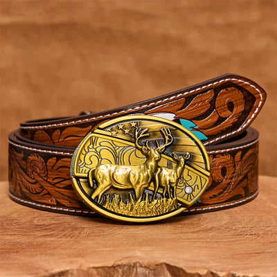 Men's DIY Bronze Dual Deers Hidden Folding Knife Leather Belt - Dual Deers - Brown Feather Belt - 40 - image 10
