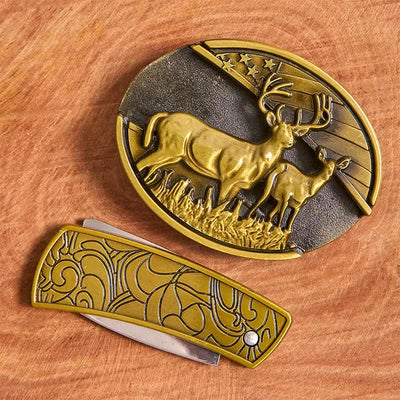 Men's DIY Bronze Dual Deers Hidden Folding Knife Leather Belt - image 3