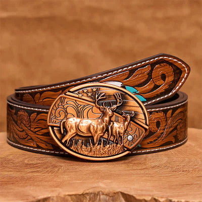 Men's DIY Red Bronze Dual Deers Hidden Folding Knife Leather Belt - Dual Deers - Brown Feather Belt - 40 - image 10