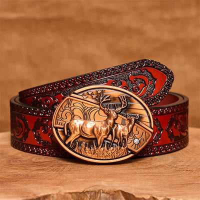 Men's DIY Red Bronze Dual Deers Hidden Folding Knife Leather Belt - Dual Deers - Brown Carved Belt - 42 - image 8